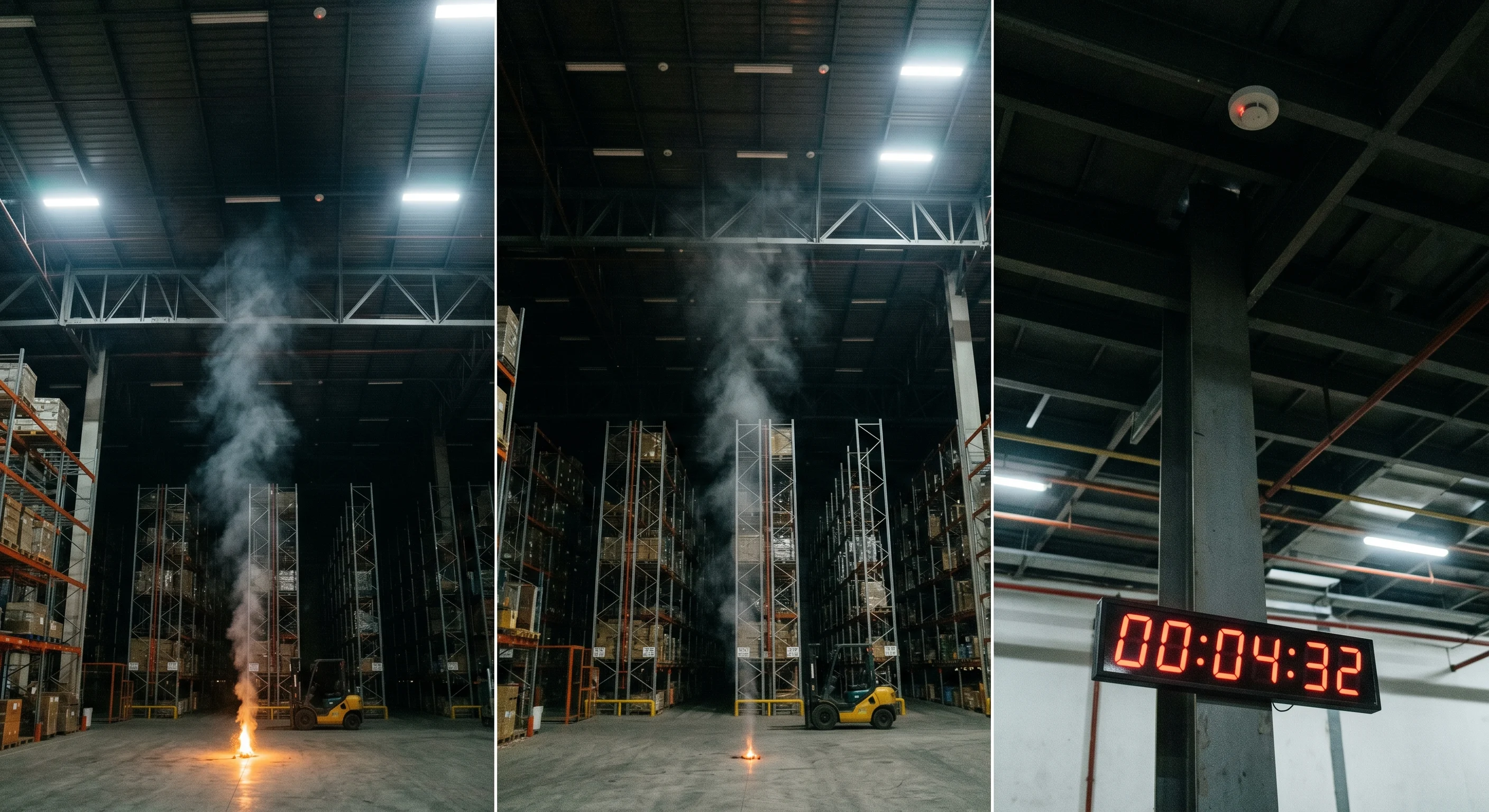 Industrial warehouse with high ceiling showing smoke detection delay zone